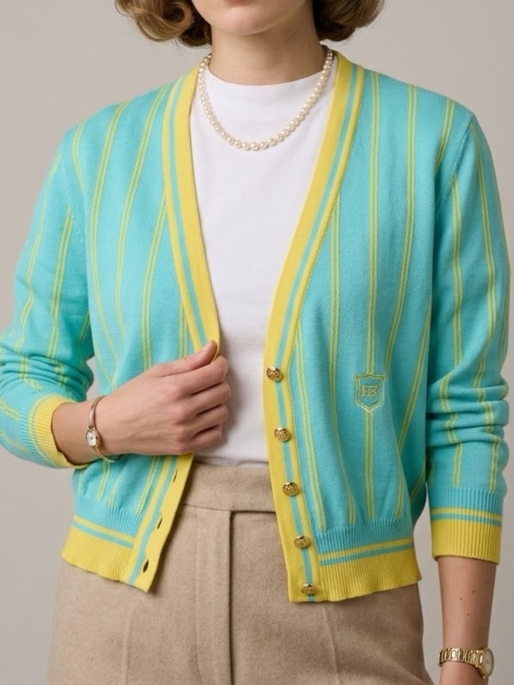 ESCADA Vintage Striped Knit Crest Button Cardigan Sweater Turquoise Yellow EU 38
